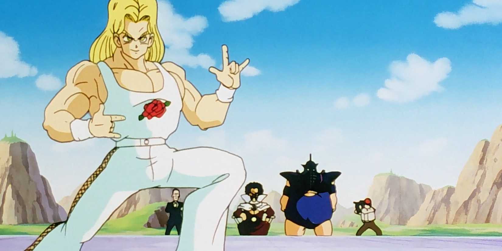 Caroni tạo dáng trong khi Mr. Satan và Pirozhki quan sát trong "Kẻ thua cuộc đánh trước".