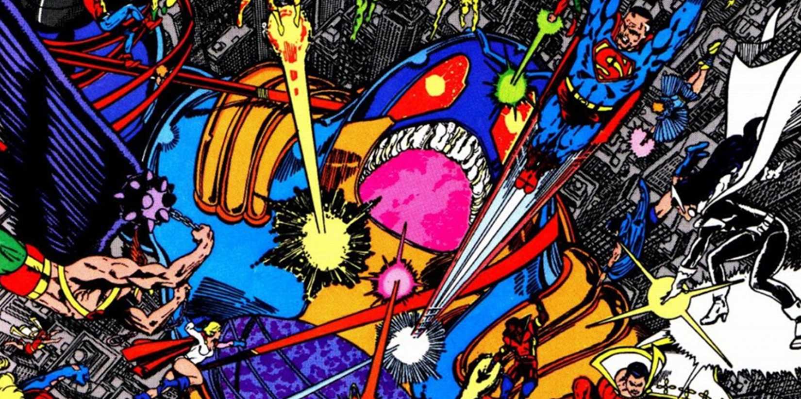 DC heroes battle the Anti-Monitor on the cover of Crisis on Infinite Earths #12