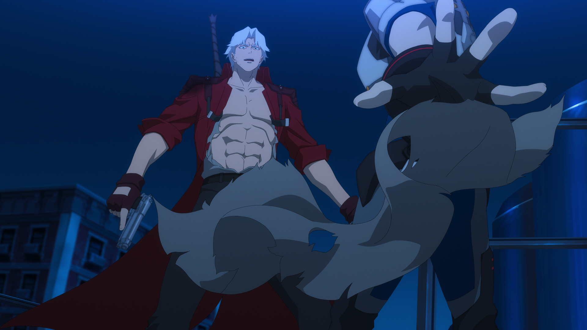 Official screenshots of the Devil May Cry TV anime series for Netflix starring Johnny Yong Bosch as Dante trying to save the world from demons unleashed by the White Rabbit while going up against threats like the Armed Hunter for Hire, Lady, and his older twin brother, Vergil.