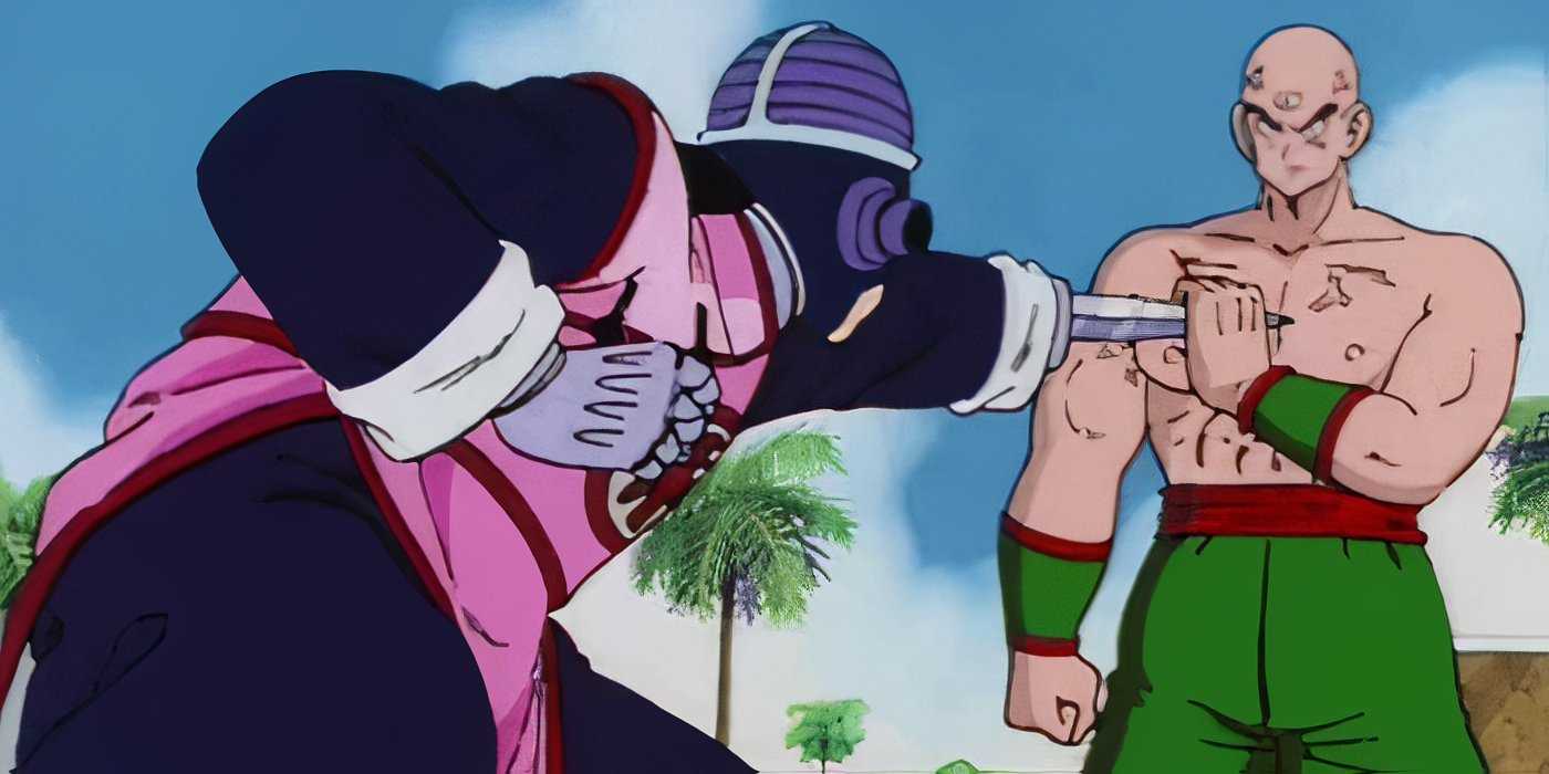Cyborg Tao frappe Tien avec une lame de bras lors du 23e tournoi mondial d'arts martiaux de Dragon Ball (Source : Toei Animation)