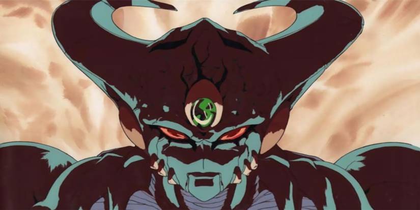 Genocyber đứng trước một phông nền rực lửa trong OVA anime Genocyber.