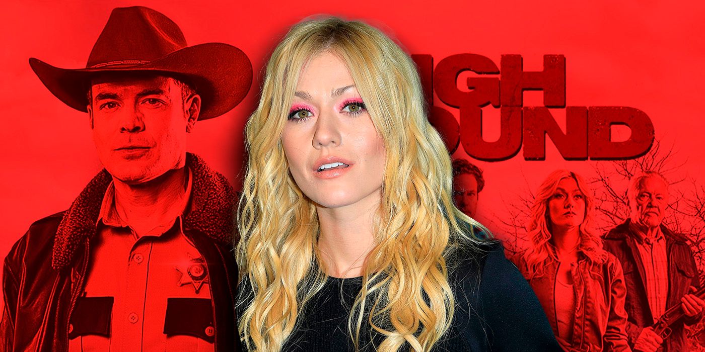 Katherine McNamara wearing a black top in front of key art for High Ground movie