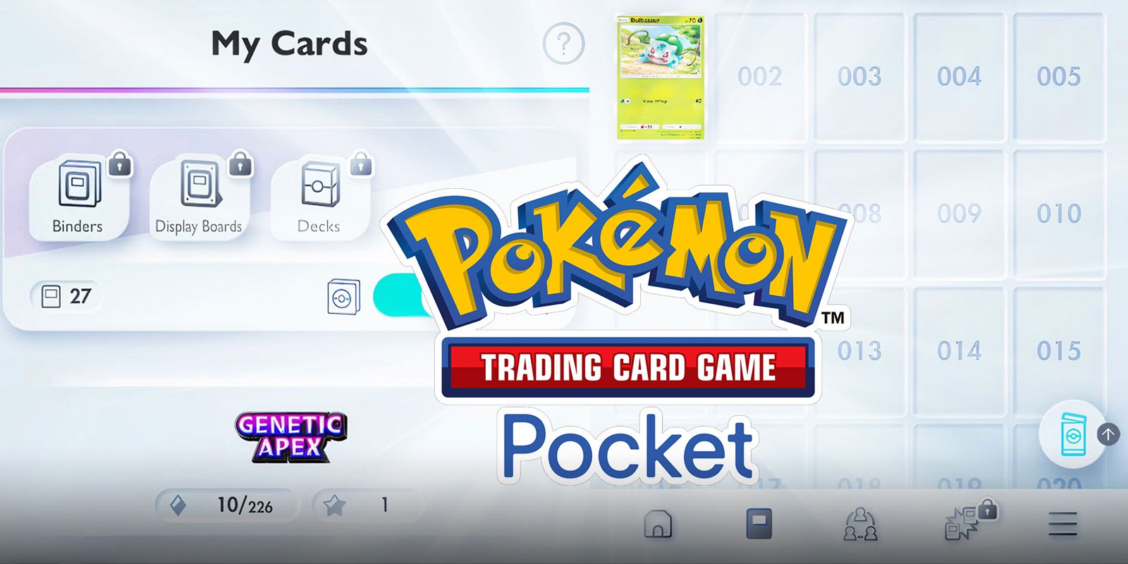The title for Pokémon TCG Pocket is depicted in front of images of screenshots from the 
