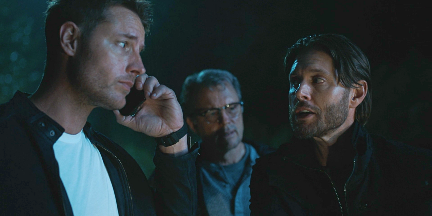 Justin Hartley as Colter and Jensen Ackles as Russell on the phone with Reenie in Tracker 'Ontological Shock'