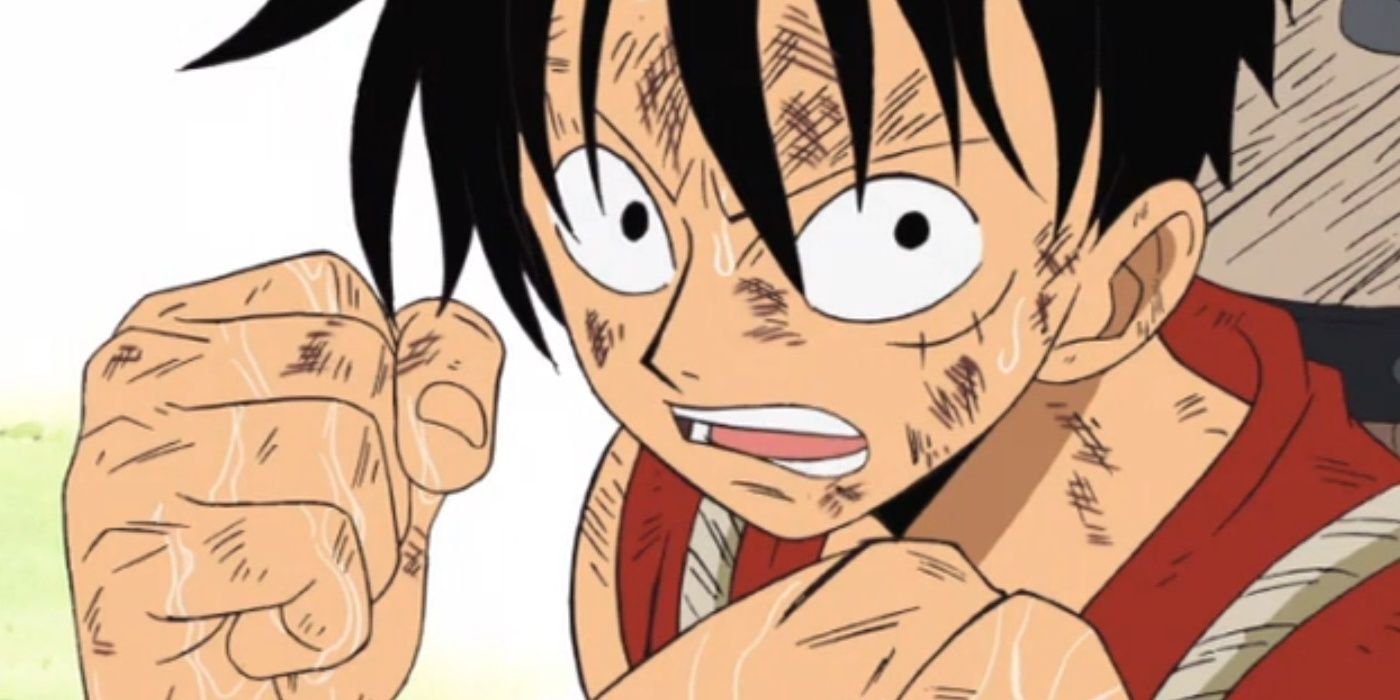 Luffy levanta os punhos aquosos no anime de uma peça.