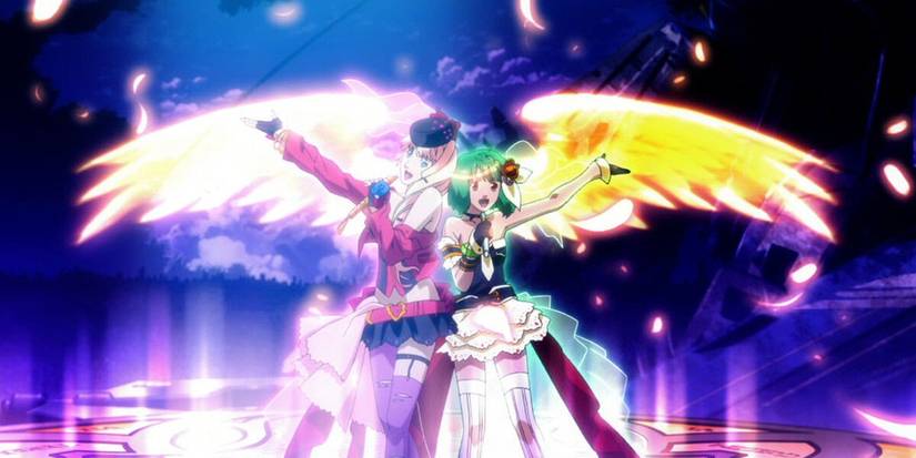 Macross Frontier Wings of Farewell promo image showing Sheryl Norme and Ranka Lee standing back to back.