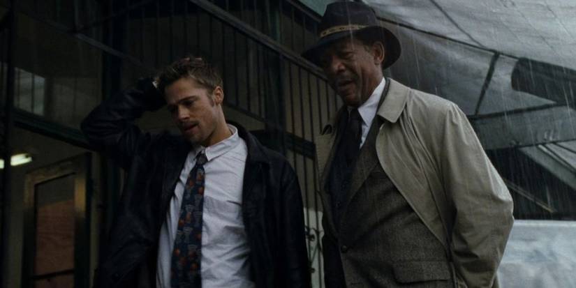 Brad Pitt as David Mills and Morgan Freeman as William Somerset in Se7en