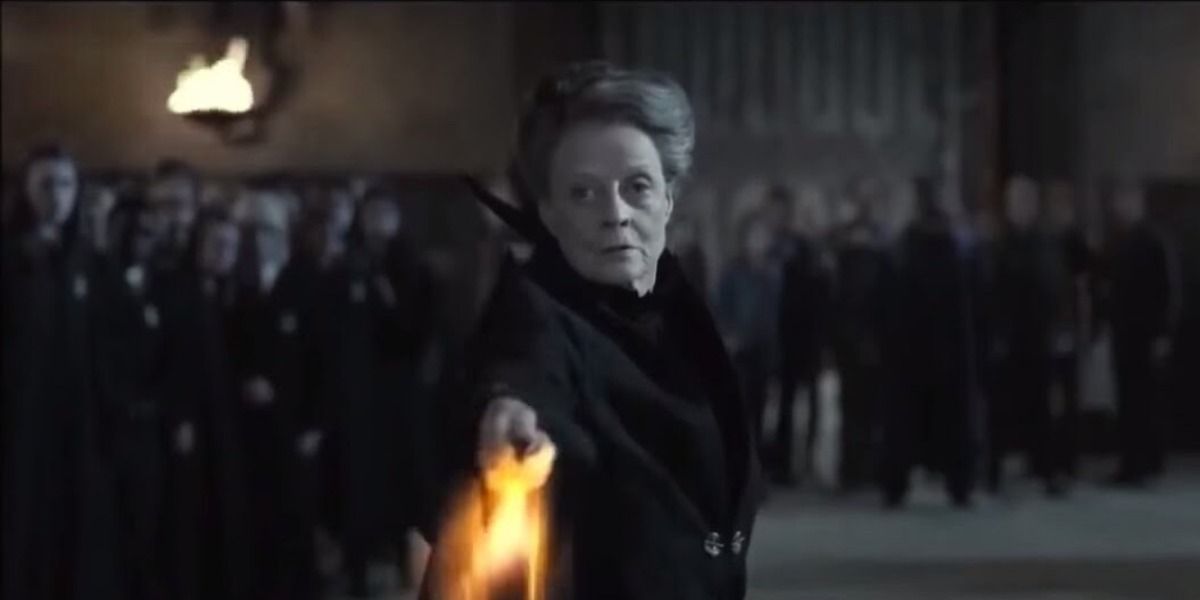 Minerva McGonagall from Harry Potter and the Deathly Hallows Part II fights Snape.