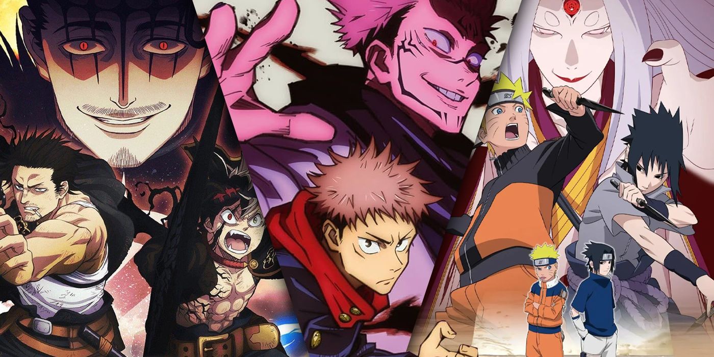 The anime Naruto Shippuden, Black Clover, and Jujutsu Kaisen
