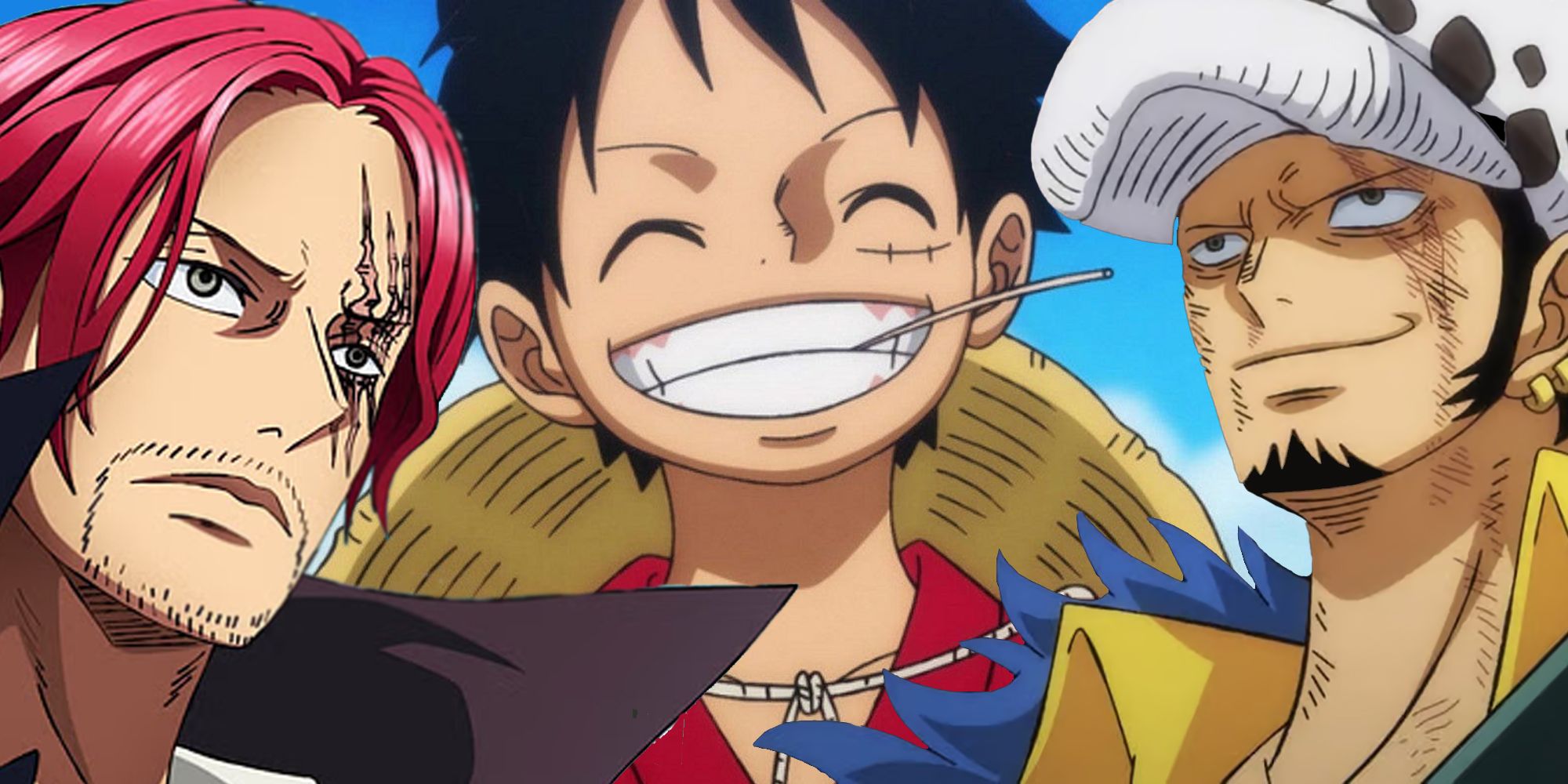 A One Piece collage features images of Shanks, Monkey D. Luffy and Trafalgar D. Water Law.