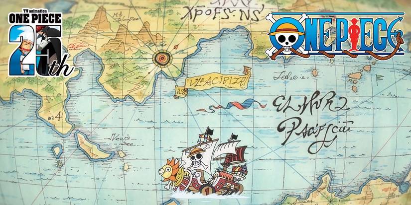 The One Piece world map with the Thousand Sunny on it.