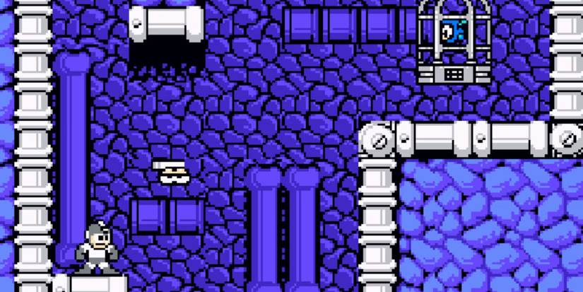 Mega Man is standing in a room full of pipes in Rockman 4: Minus Inifinity.