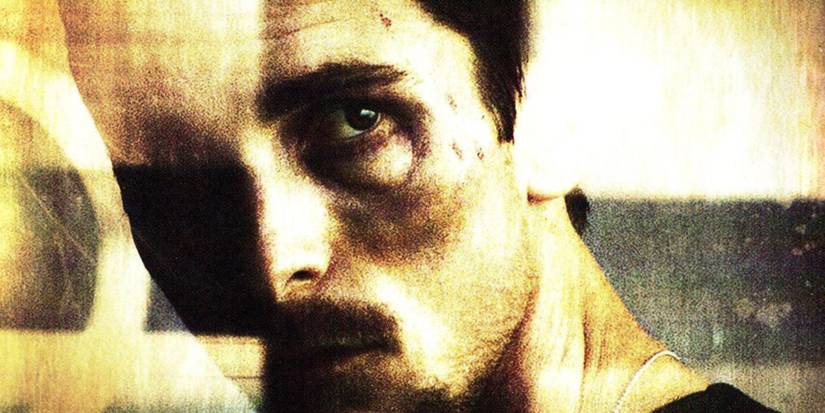Christian Bale closeup looking sideways in The Machinist banner.
