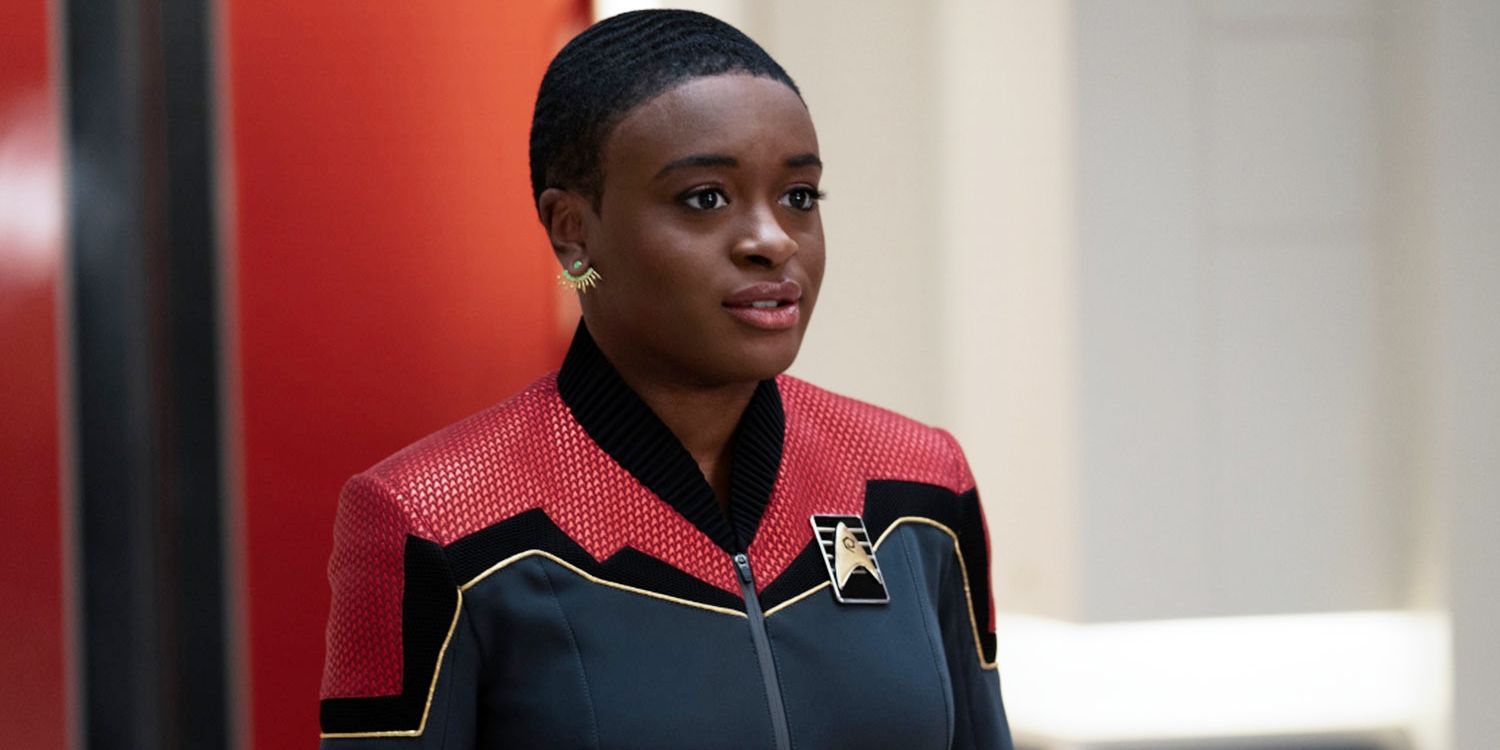 Uhura, played by Celia Rose Gooding, wearing red Starfleet uniform in Star Trek: Strange New Worlds