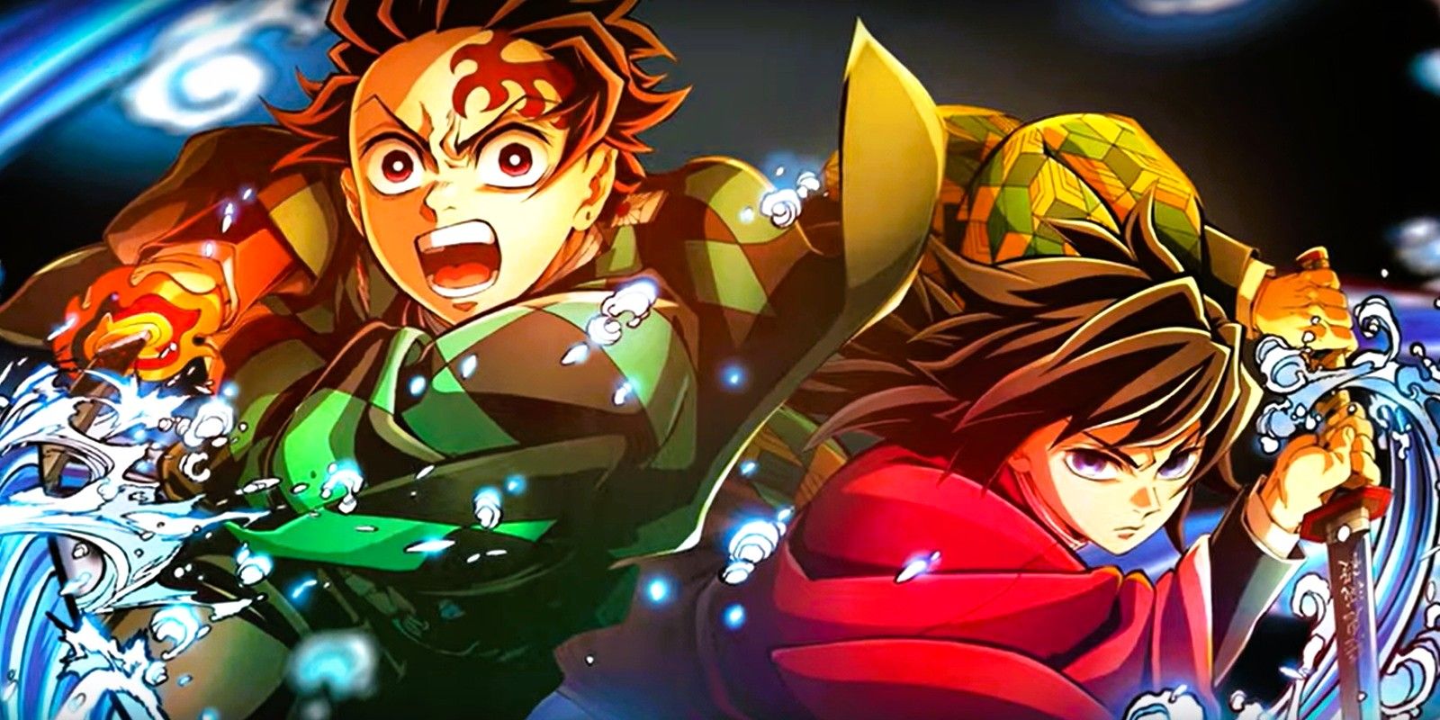 An image of characters from the Demon Slayer Infinity Castle anime movie, Tanjiro and Giyu Tomioka, are depicted in attacking positions.