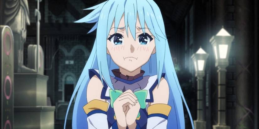 Aqua in the isekai anime series KonoSuba looking upset