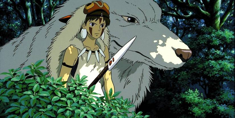 San and the wolf god Moro stand together in Studio Ghibli's Princess Mononoke anime movie.