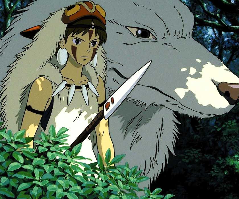 San and the wolf god Moro stand together in Studio Ghibli's Princess Mononoke anime movie.