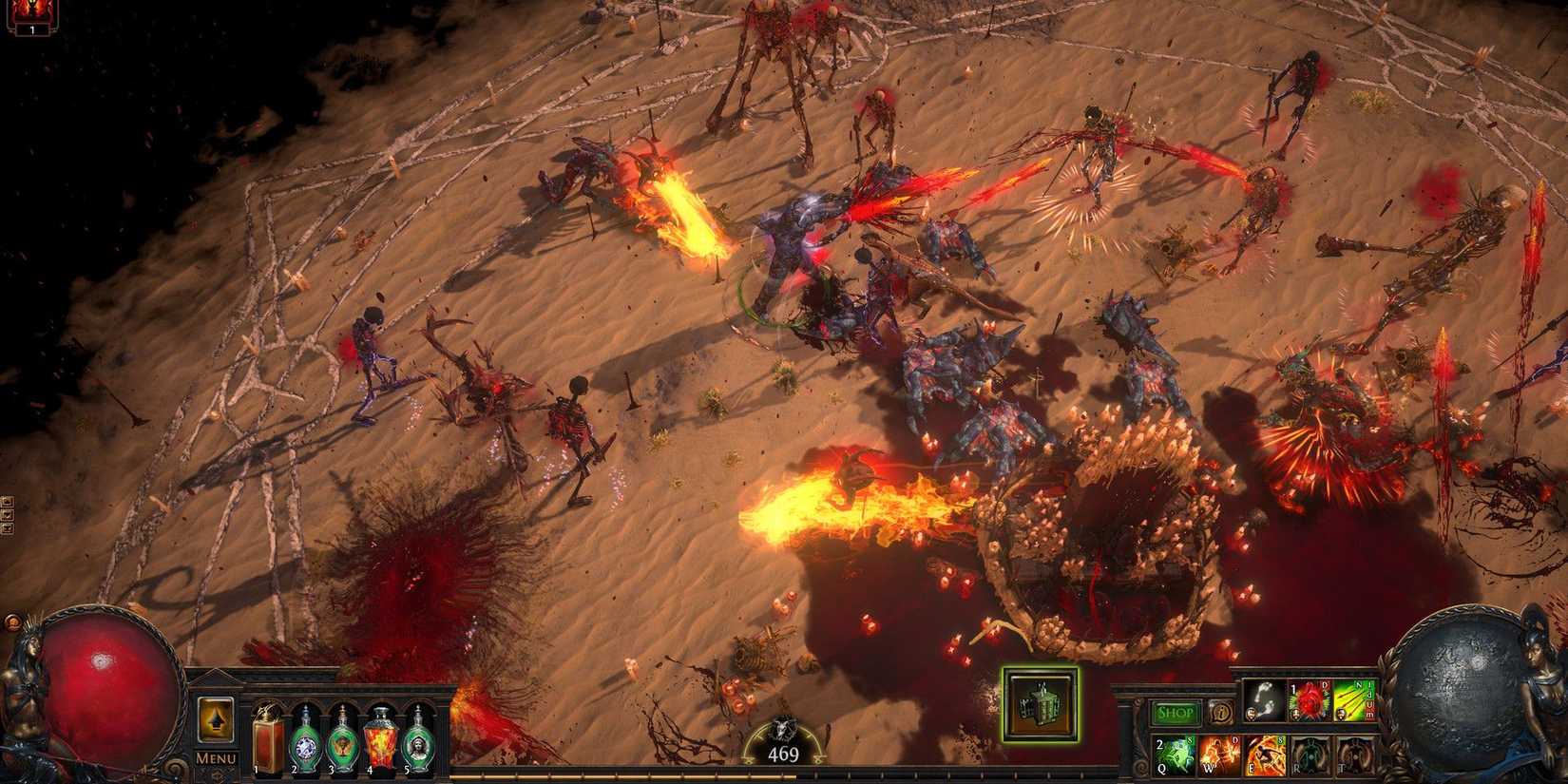 An intense isometric battle with a character fighting tons of enemies and dealing with spells in Path of Exile