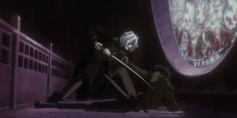 Vicious menace Spike avec une épée tandis que Spike le menace avec une arme à feu dans Cowboy Bebop.