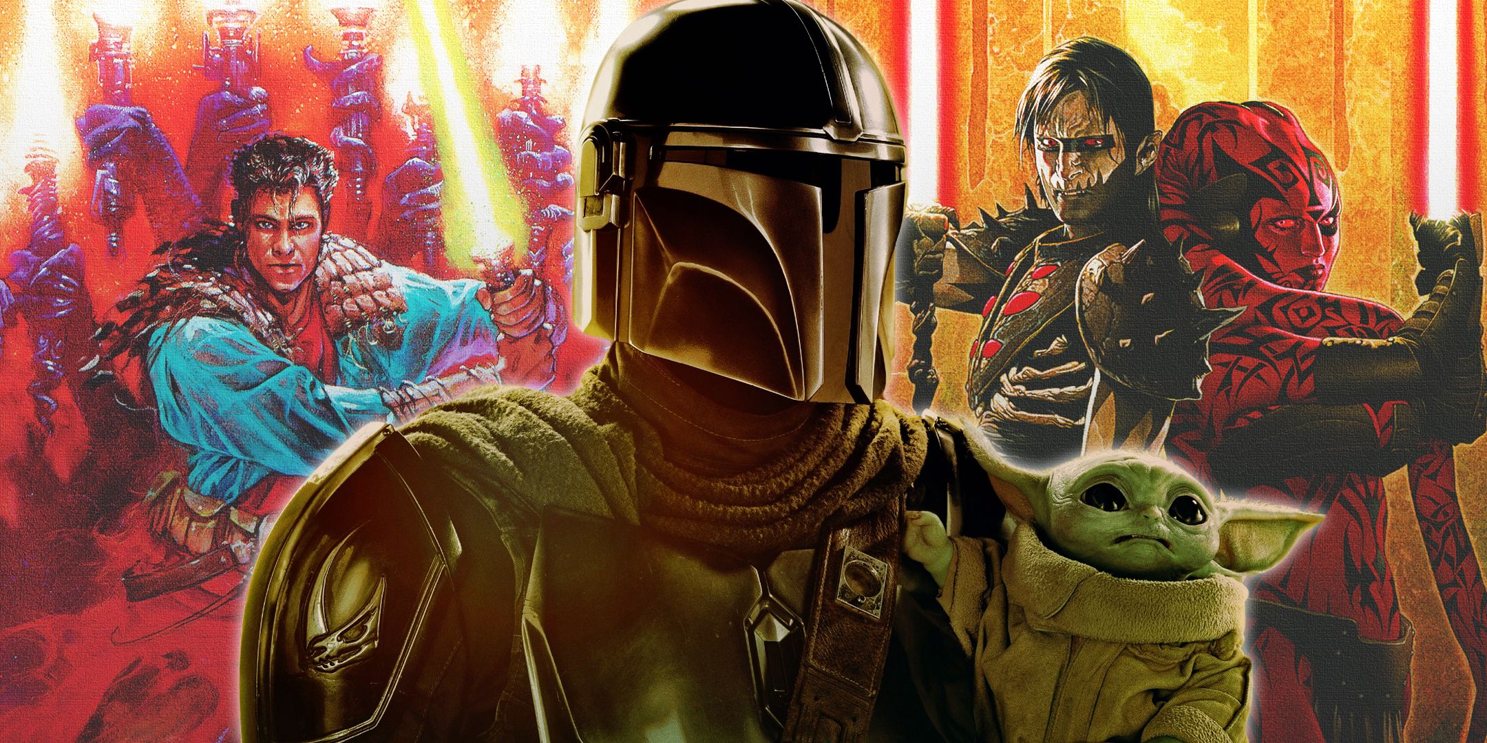 Mandalorian and Grogu with covers to Star Wars Legends comics