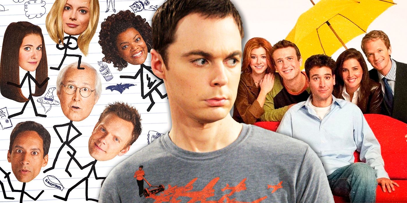 An image of the Sheldon Cooper (Jim Parson) research by Big Bang Theory is superimposed on the characters in the community and how I met your mother.