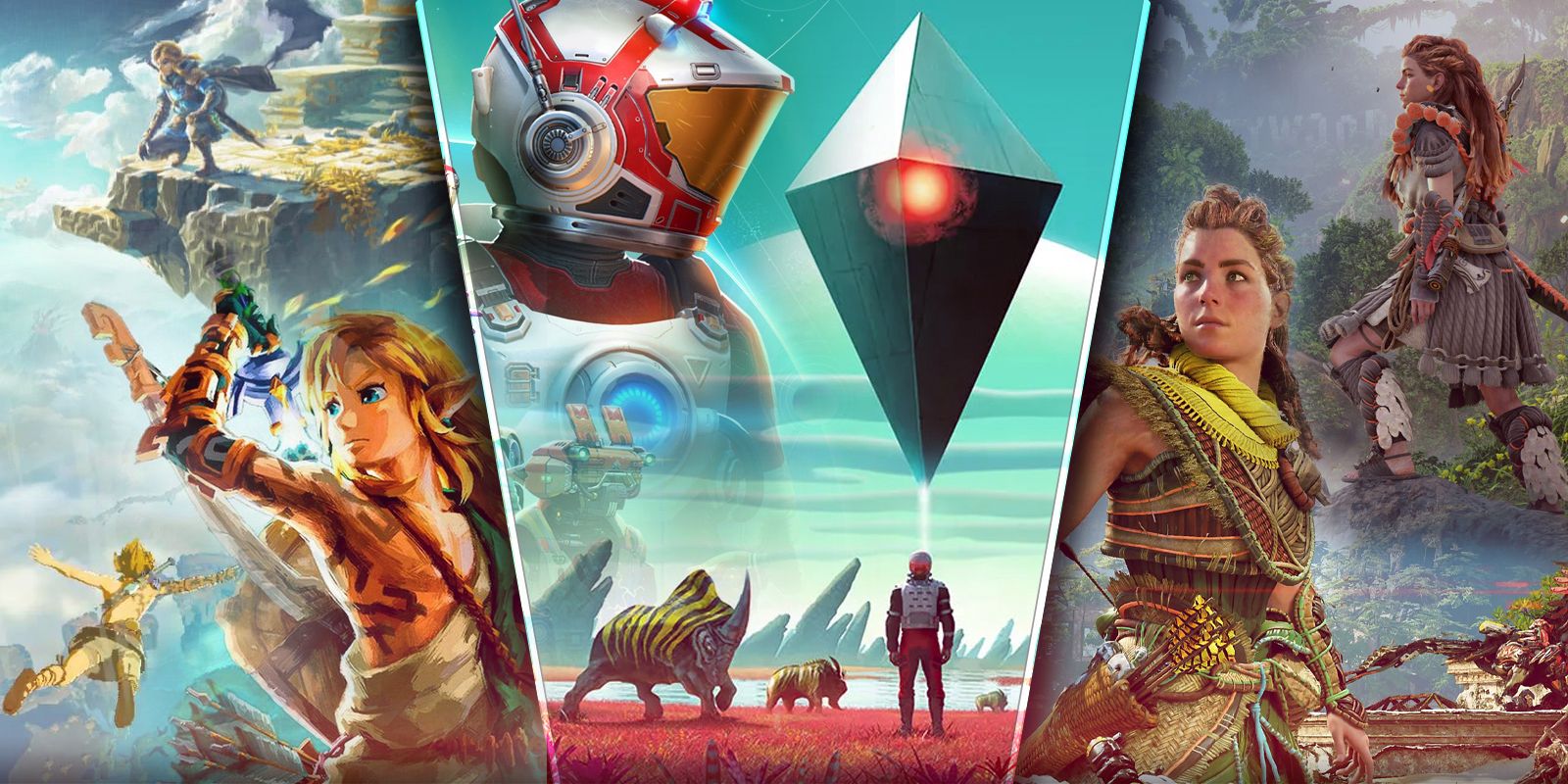 10-Open-World-Games-That-Are-So-Much-Fun-You-Don't-Get-Mad-When-You-Die featuring No Man's Sky, Tears of the Kingdom, and Horizon: Forbidden West