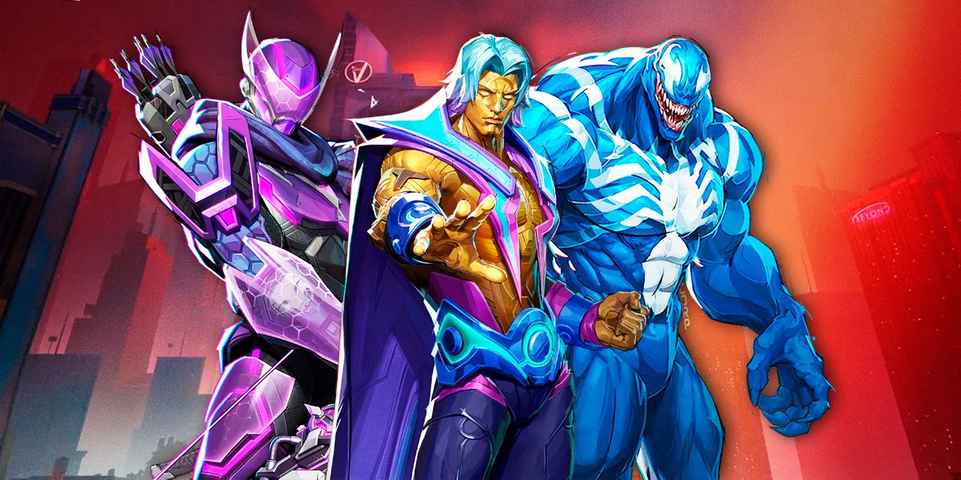 Adam Warlock Will of Galacta, Hawkeye Galactic Fangs, and Venom Cyan Clash skins from Marvel Rivals