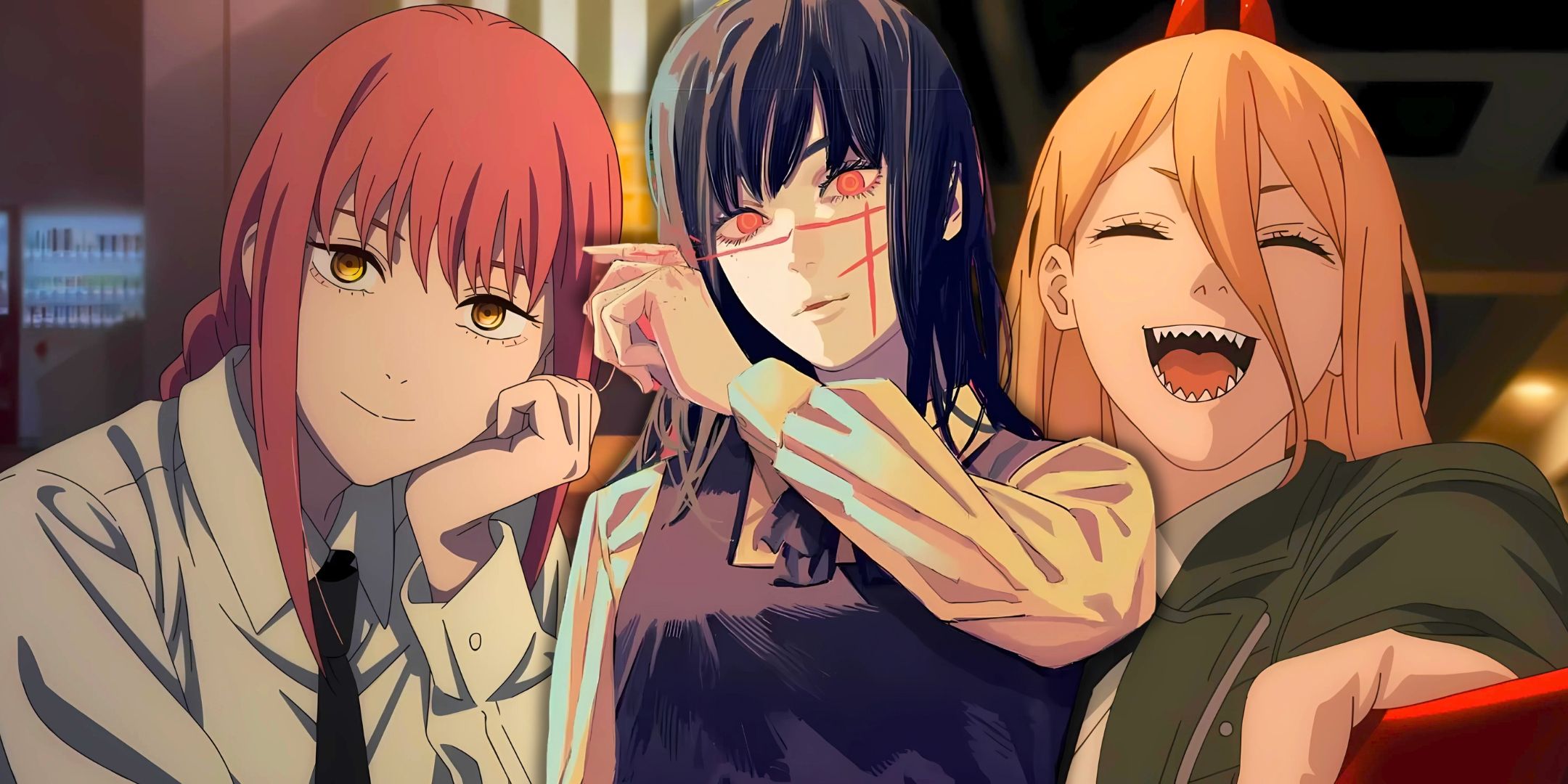 Makima, Yoru and Power frrom Chainsaw man looking up front