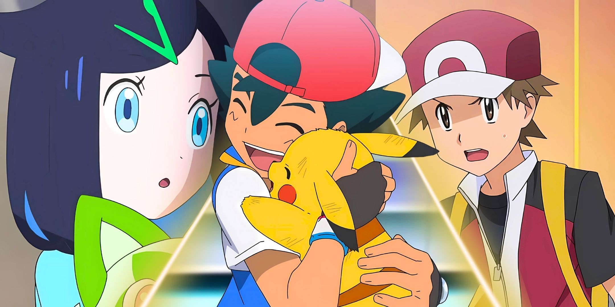 Liko form Pokemon Horizons, Ash Ketchum from Pokemon and Red from Pokemon Origins look determined and happy