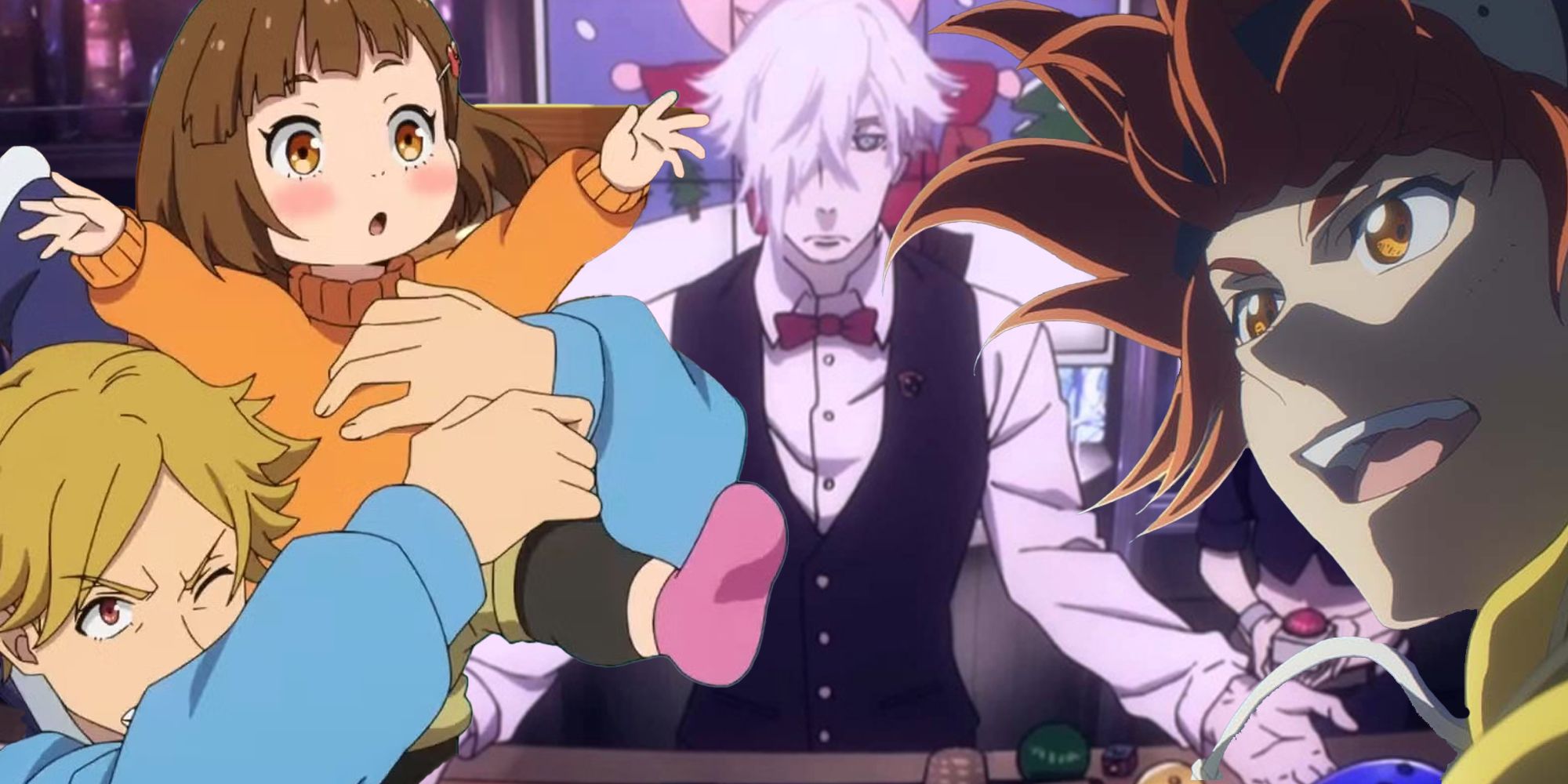 Anime collage featuring Buddy Daddies, Death Parade's Decim and Sk8 the Infinity