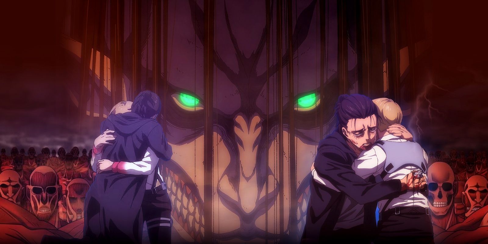 Does-the-Attack-on-Titan-Anime-Fix-the-Manga-Ending featuring armin and eren are embracing with titan eren during the rumbling looming in the background