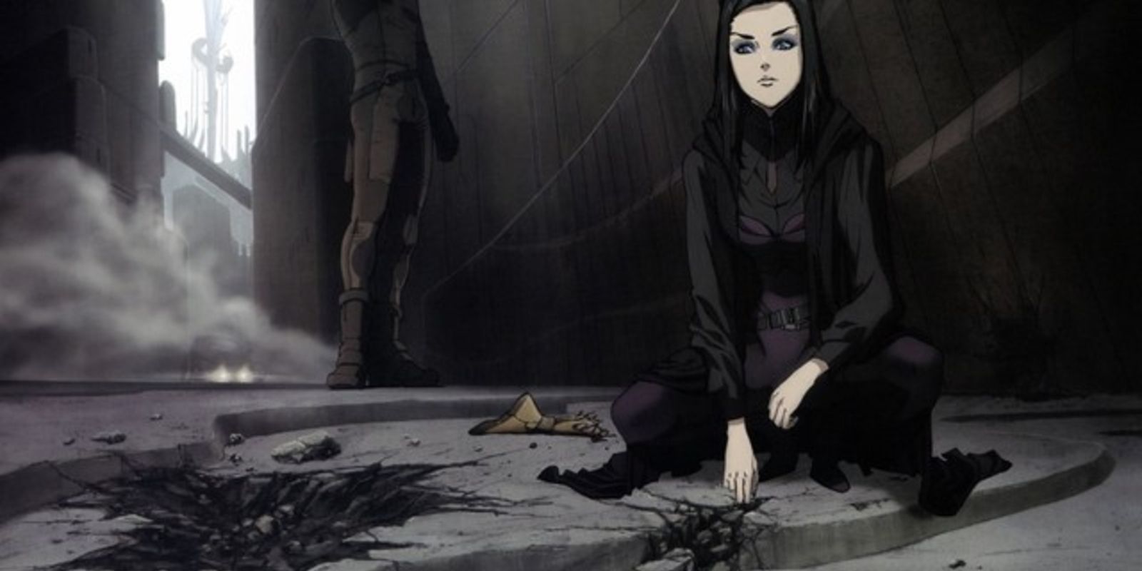 Re-L kneels in an alley in Ergo Proxy.