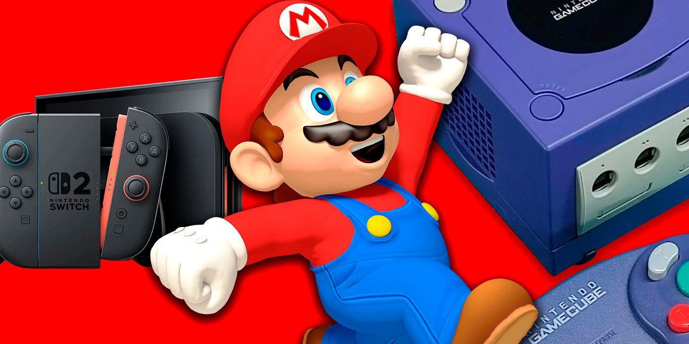 Mario Bros on the front with a GameCube and a Nintendo Switch 2 on the background