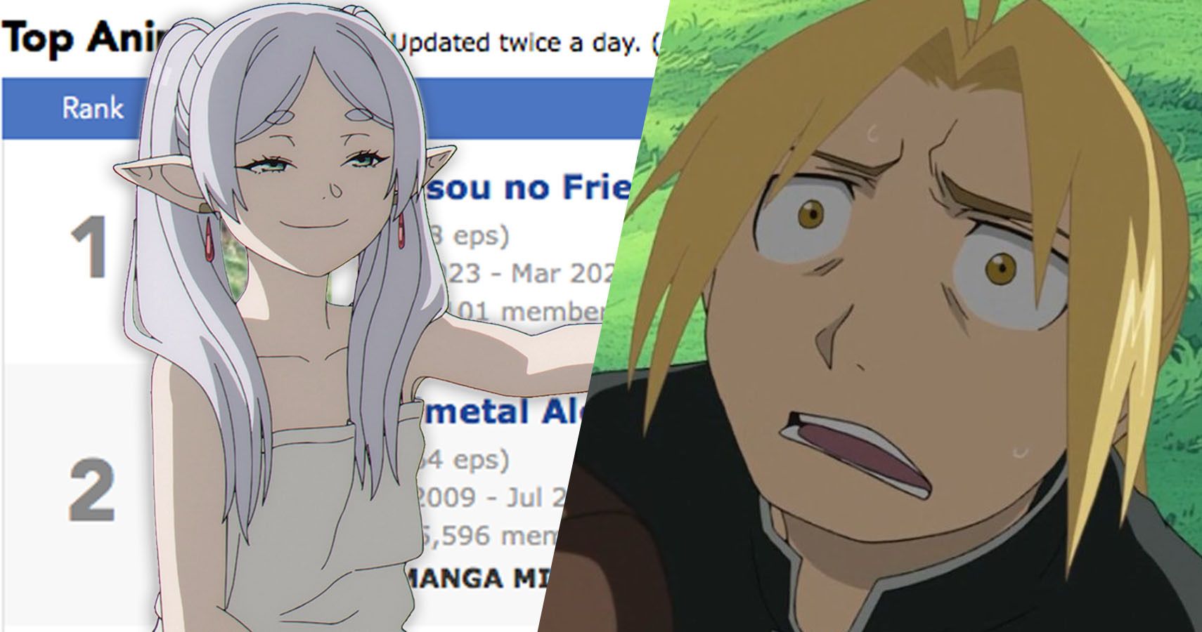 Frieren in front of a leaderboard, Ed from Fullmetal Alchemist looking scared and about to cry