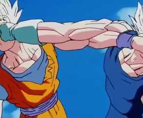 Goku e Majin Vegeta se socam no rosto em Dragon Ball Z.