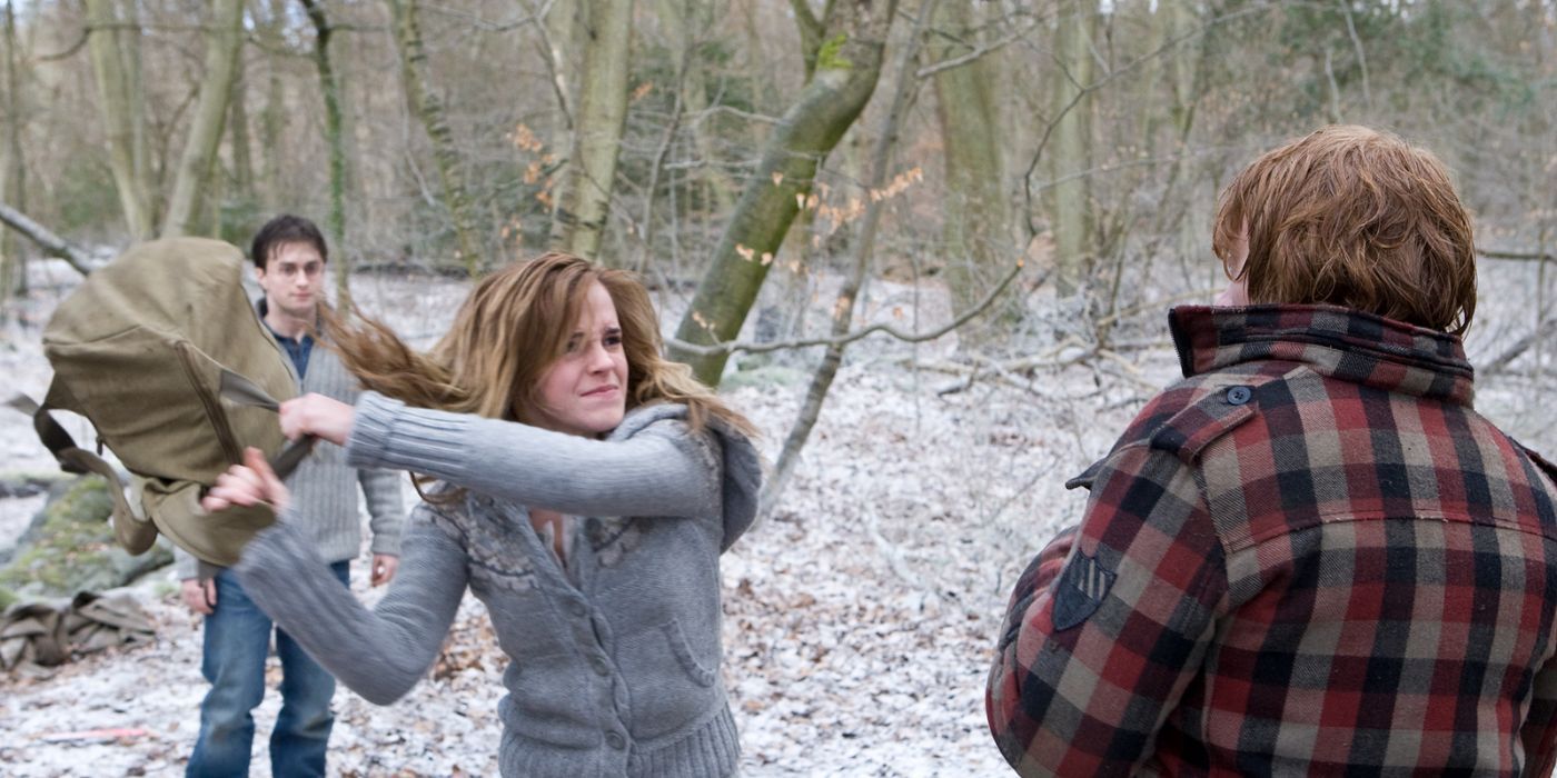 Hermione is about to hit Ron with a backpack in Harry Potter and the Deathly Hallows