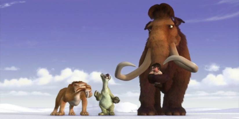 Ice Age (2002) - Many is holding the baby standing next to Sid and Diego