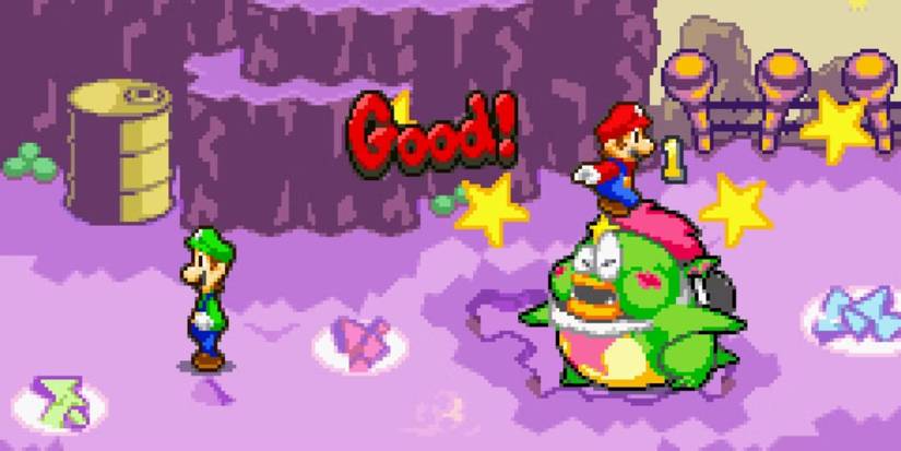 Mario leaps on top of an enemy, damaging it, while Luigi looks away in Mario & Luigi Superstar Saga.