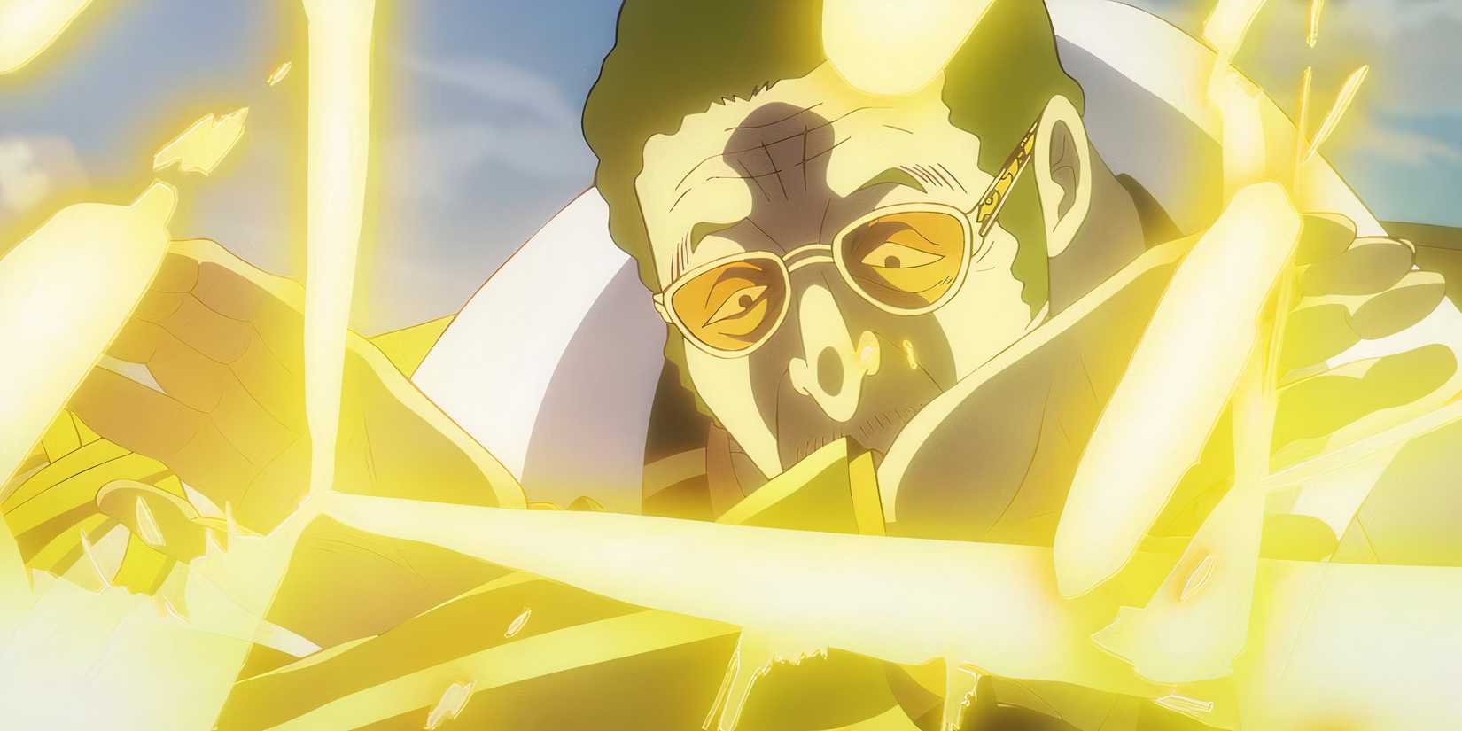 Admiral Kizaru uses the Glint-Glint Fruit in One Piece as it sparkles around him