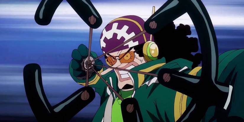 Usopp prepares to shoot S-Shark to protect Nico Robin in One Piece.