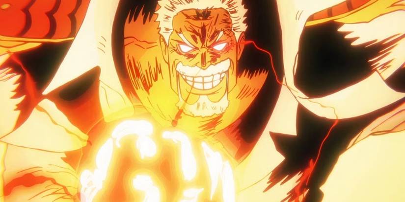 The vice-admiral Garp charges Haki armament while he is preparing to use an impact on the galaxy on black pirates on the pirate island in one room.