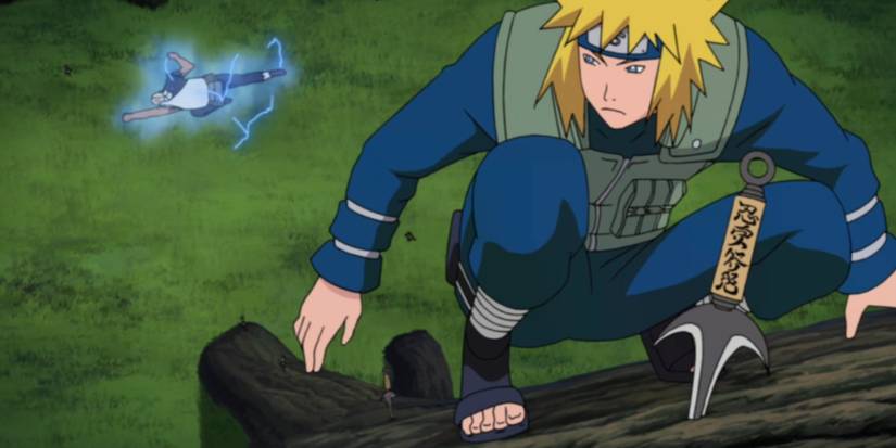 Minato Namikaze uses the Flying Thunder God Jutsu to dodge the 4th Raikage in Naruto: Shippuden.