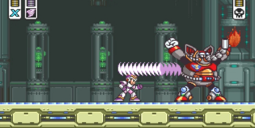 X uses Storm Tornado against Flame Mammoth in Mega Man X.
