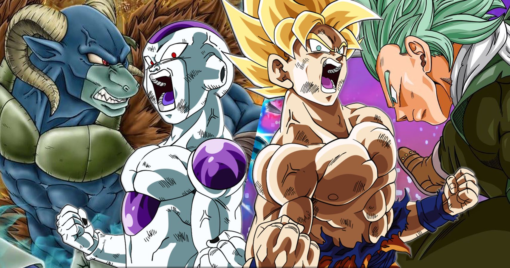 Moro, Frieza, Super Saiyan Goku, and Granolah from dragon Ball Super