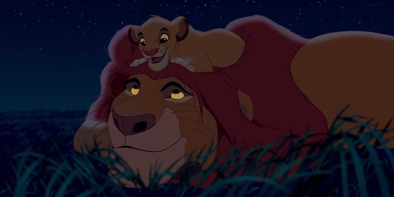 Mufasa and Simba lay down under the night sky in The Lion King (1994)