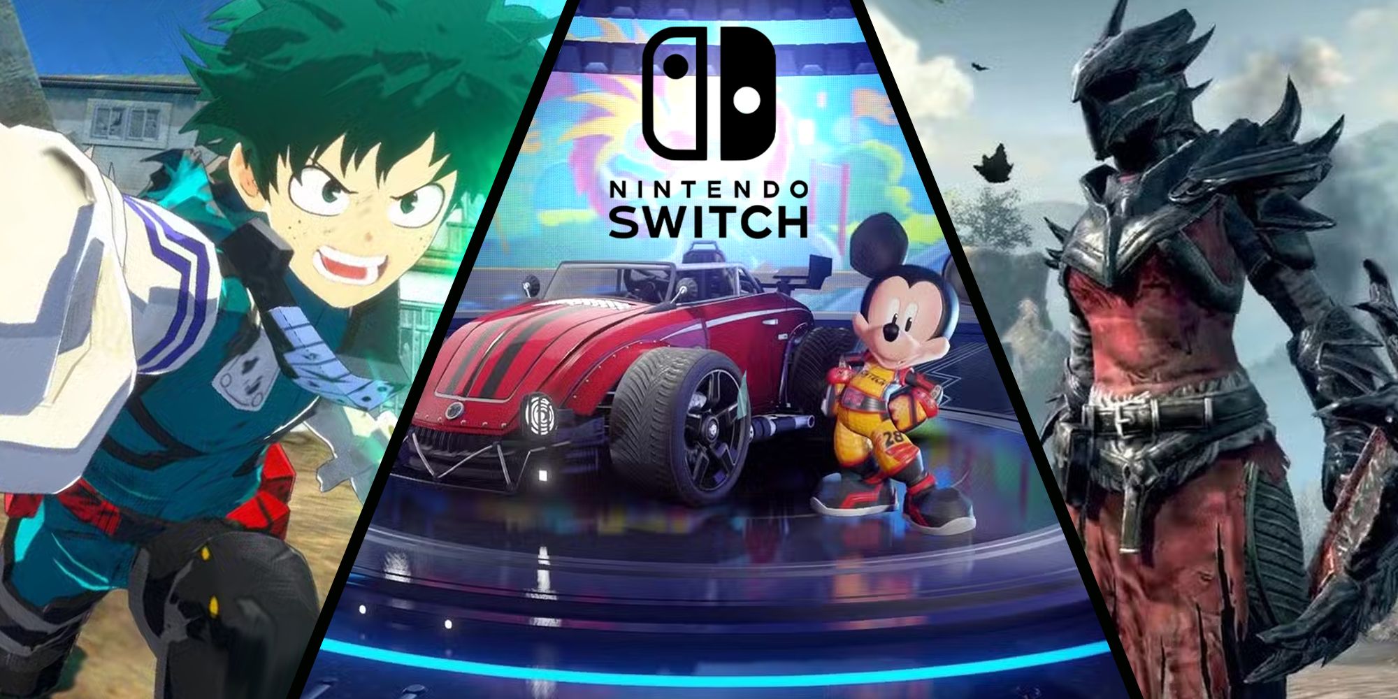 Nintendo Switch free games split image with My Hero Rumble, Disney Speedstorm, and Elder Scrolls Blades