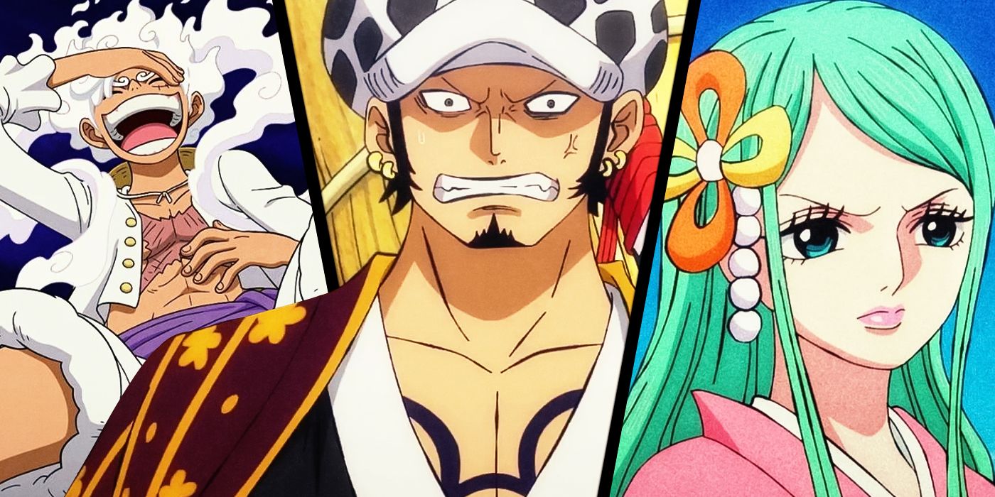 Images of Gear 5 Luffy, Trafalgar Law, and Toki