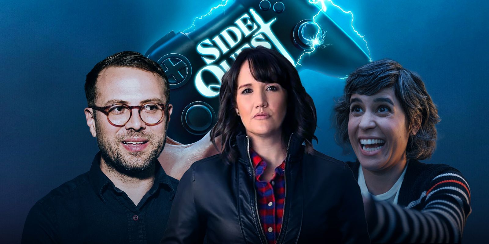 Side Quest creators John Howell Harris, Katie McElhenney and Ashly Burch in front of Side Quest logo