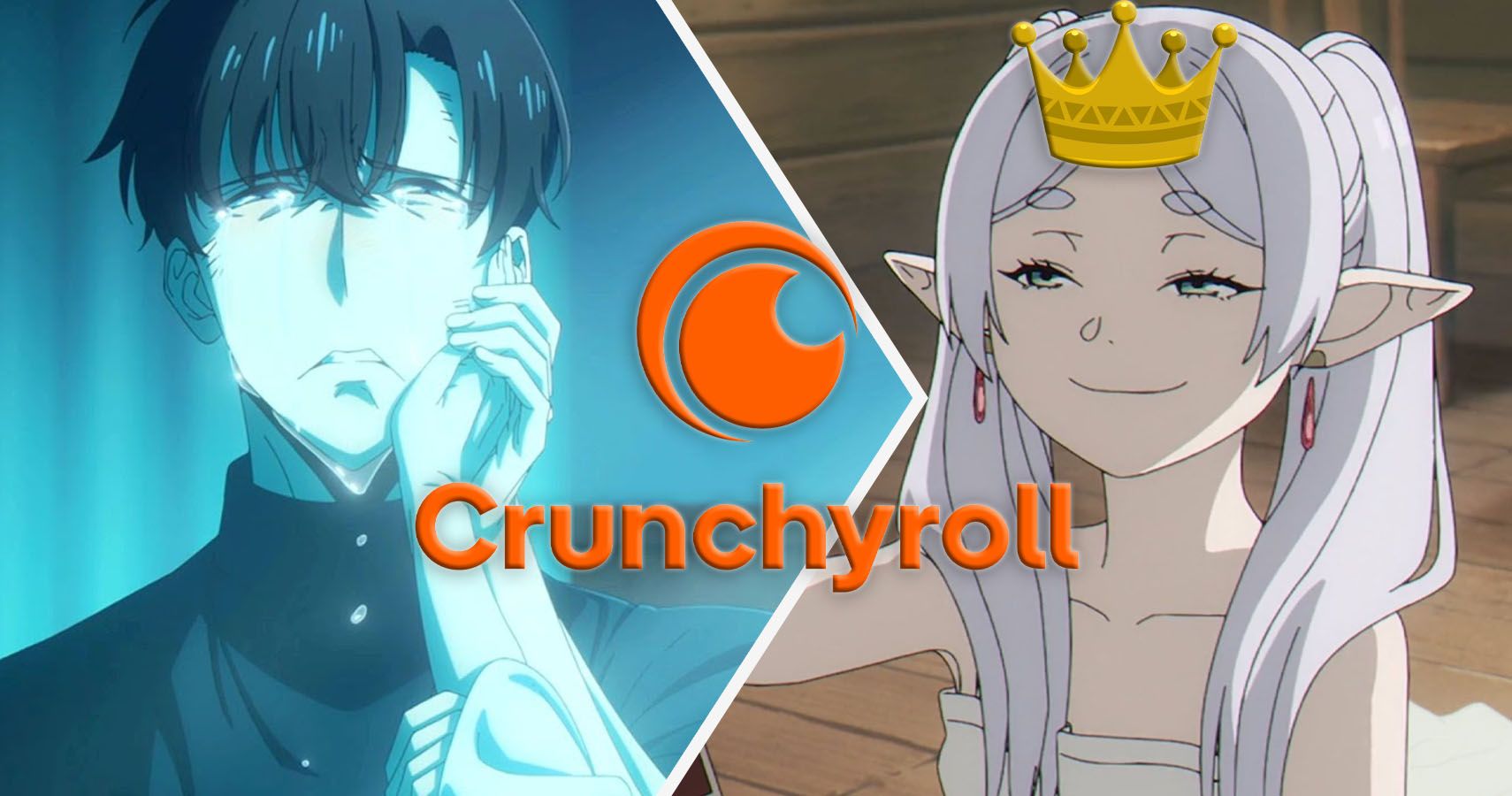 Sung Jinwoo from Solo Leveling crying while Frieren wearing a queen crown looks at him all smug with a Crunchyroll logo between them